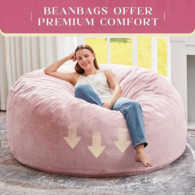 Hobestluk Bean Bag Chairs Giant Beanbag Chair with Filler, Memory Foam Bean Bags with Fluffy & Machine Washable Cover, Bean Bag Chairs for Aduts for Living Room, Bedroom (Pink, 5FT - 50” x 50” x 24”)