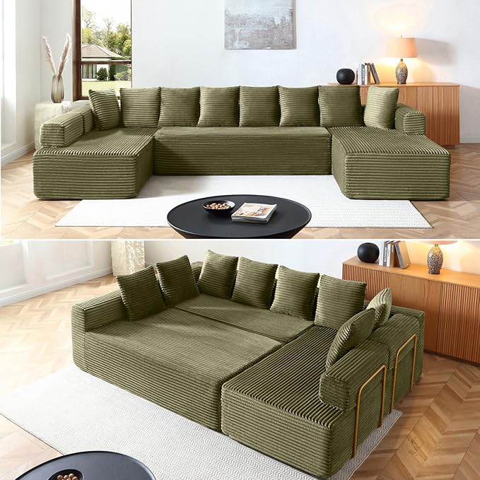 145" Oversized Cloud Boneless Sectional Sofa with Chaise, Corduroy U Shaped Modular Couch with Deep Seat, Fixed Frame Comfy Corner Sofa, No Assembly Required (Green)