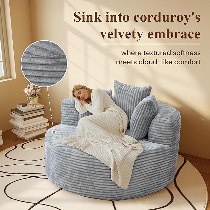 WJShome 50'' Corduroy Single Foam Couches, Oversized Round Chair with Pillows, Circle Chair Sleeper Couch,Modern Sleeper Boneless Sofa for Reading, Gray