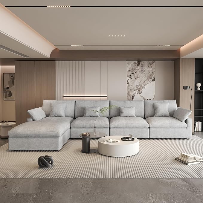 156" Cloud Couch Modular Sectional Sofa with Ottoman,L Shaped Down Filled Couch,Convertible Sofa,Cover Washable and Replaceable Couches for Living Room,Gray