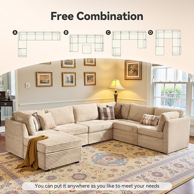 CAODOC Large 7 Seat Modular Sectional Sofa with Ottoman Seat Corduroy Sleeper Sectional Sofa Bed Oversized Convertible Modular Couch for Living Room