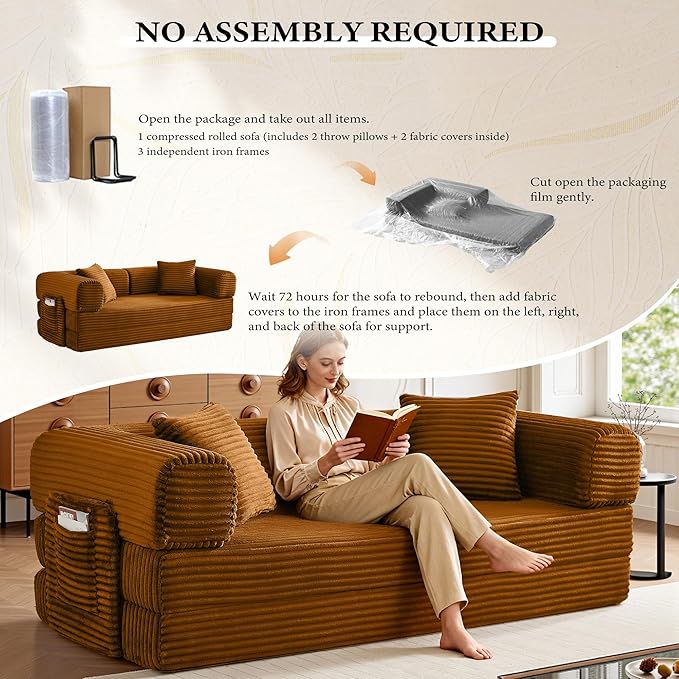 Chorlenimi Boneless Couch Futon Sofa Bed Sectional Couches for Living Room,Cloud Couch with Sleeper Sofa,Sofas for Living Room Oversized Corduroy Upholstered (Orange, 81 Inches (with Iron Frame))
