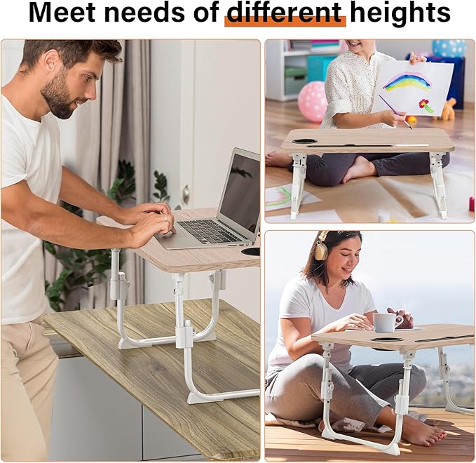 DECOSIS Laptop Desk for Bed Height Adjustable, Lap Bed Table with USB/Storage Drawer/Cup Holder/Tablet Stand/Book Shelf, Foldable Breakfast Tray Portable for Reading Writing, Sofa & Floor, Glacier