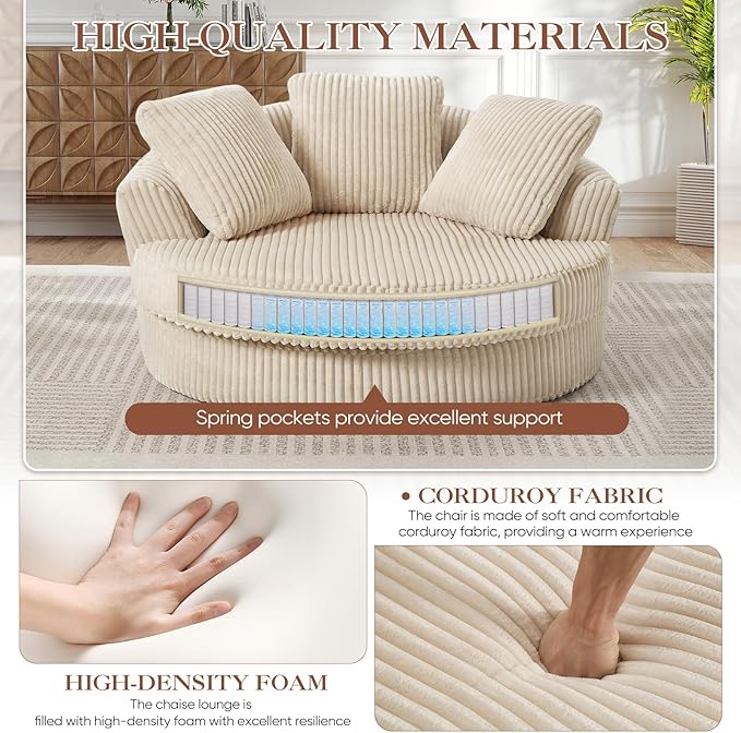 61"W Oversized Round Chaise Lounge Chair Indoor, Upholstered Corduroy Large Circle Boneless Chair with Deep Seat, No Assembly Required, Modern Comfy Cloud Sofa Chairs for Living Room, Bedroom(Beige)