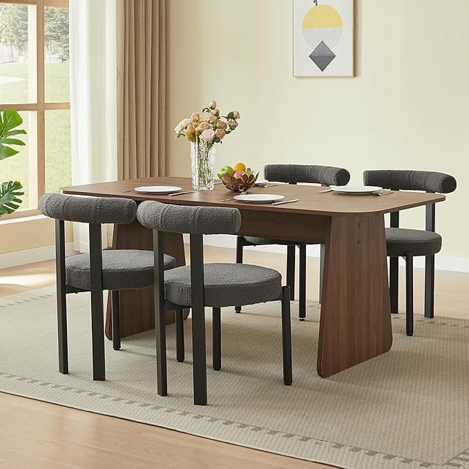 Kiztir Boucle Dining Chairs Set of 4, Modern Dining Room Chairs with Curved Backrest and Black Metal Legs, Upholstered Round Dining Accent Chairs for Kitchen, Living Room, Bedroom (Gray)