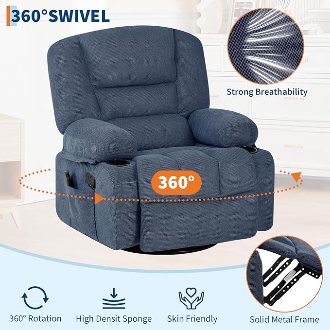 Rocker Recliner Chairs for Adults w/Vibration Massage and Heating,360° Swivel Rocker Glider Recliner,Extra Wide Manual Lazy Chair,Chenille Fabric Sofa Chair for Living Room,Bedroom,Blue