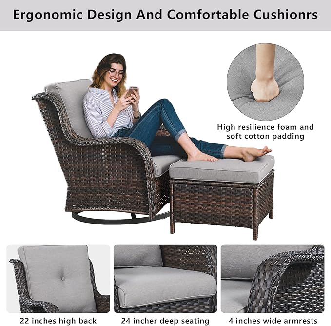 Belord 5 Pieces Patio Furniture Sets Wicker Outdoor Furniture, Rattan Patio Swivel Glider Chairs with 2 Ottoman and Glass Side Table