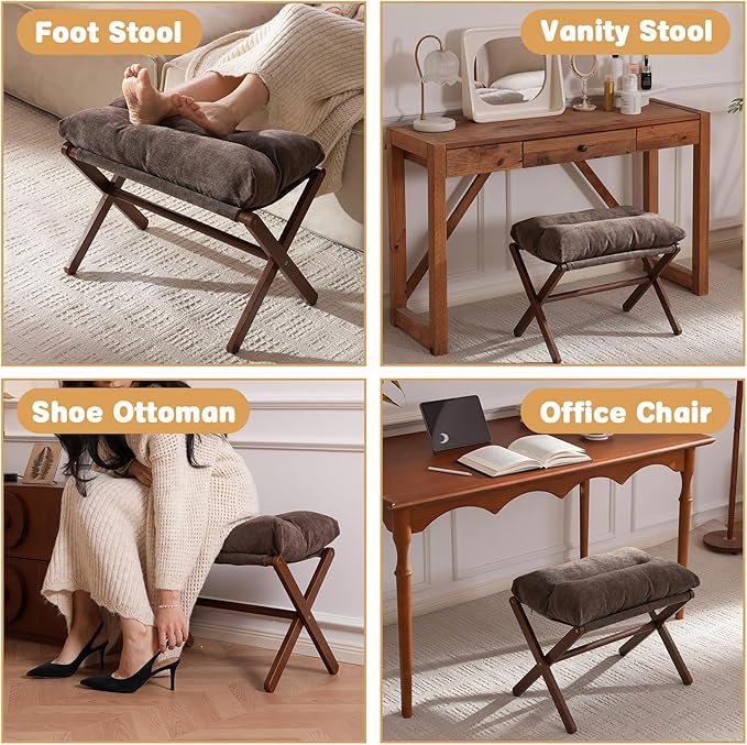 Folding Foot Stool, Small Accent Ottoman with Thick Cotton Cushion & Bamboo X Legs, Modern Padded Sofa Stool for Makeup Bedroom Living Room (Brown)