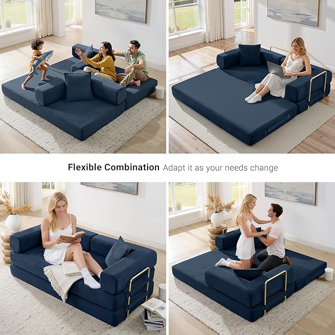 78" Convertible Sleeper Sofa Bed, Corduroy Folding Sofa Bed with Fixed-Shape Frame, Fold Out Floor Mattress Couch, Lazy Compression Sofas for Living Room, Bedroom, No Assembly Required, Blue