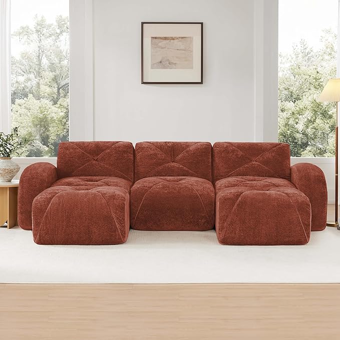 Modular Sectional Sofa with Free Combination,Boneless Floor Couch for Living Room & Lounge,Velvet 3-Seater Sectional Couch with 2 Ottomans,No Assembly Needed