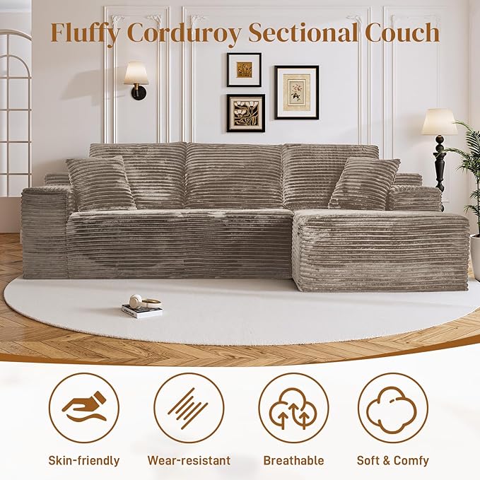 108" Boneless Cloud Sectional Couches for Living Room, Comfy Fluffy L Shaped Memory Foam Deep Seat Boneless Couch, Modular Sectional Sofa with Right Facing Chaise, Brown