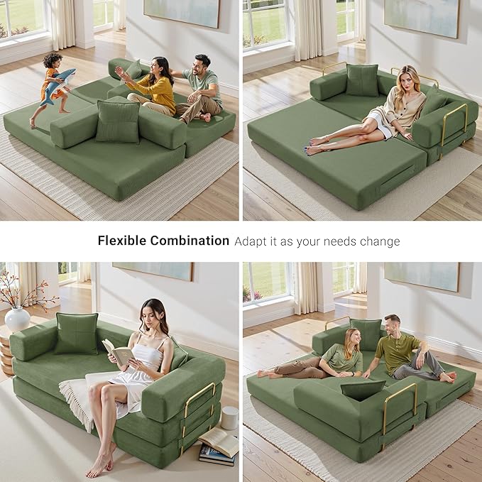 78" Convertible Sleeper Sofa Bed, Corduroy Folding Sofa Bed with Fixed-Shape Frame, Fold Out Floor Mattress Couch, Lazy Compression Sofas for Living Room, Bedroom, No Assembly Required, Green