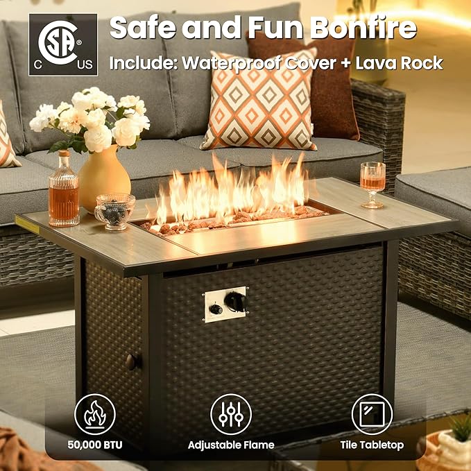 ovios 7 Pieces Patio Furniture Set, Outdoor Wicker Sofa Couch with Rocking Swivel Chairs Fire Pit Table, Modern Deep Seat Rattan Conversation Sets for Deck Porch, Dark Grey