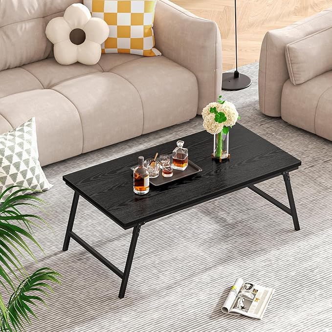 ALLSTAND Folding Coffee Table for Small Spaces, Leg Latches Collapsible Foldable Coffee Table Portable Sturdy, No Assembly Low Tables for Living Room (Black, Opened Size: 41.34L×21.65W×15.75H)