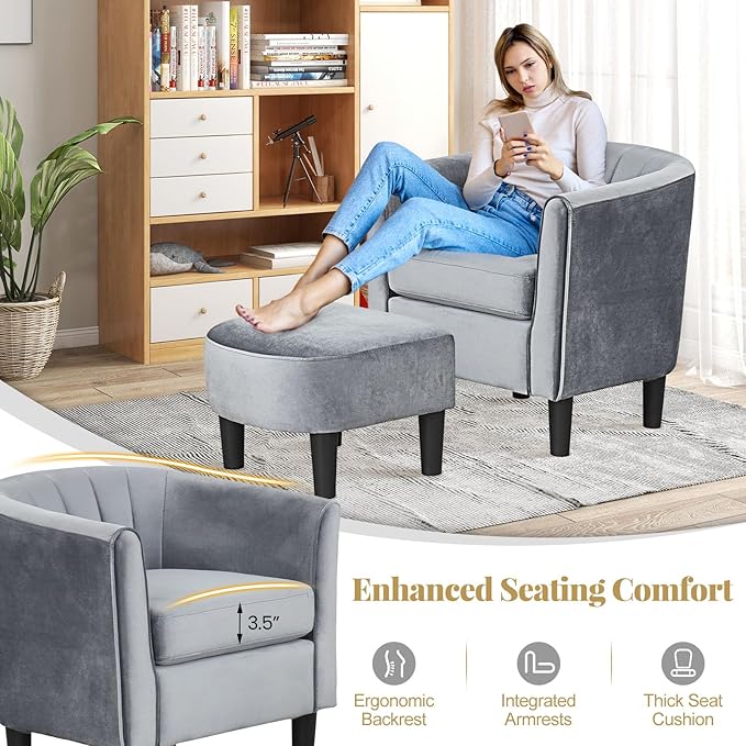 GOFLAME Accent Chair with Ottoman, Modern Velvet Fabric Barrel Chair with Footrest, Curved Backrest, Removable Seat Cushion, Upholstered Club Tub Sofa, Reading Armchair for Living Room, Bedroom, Gray