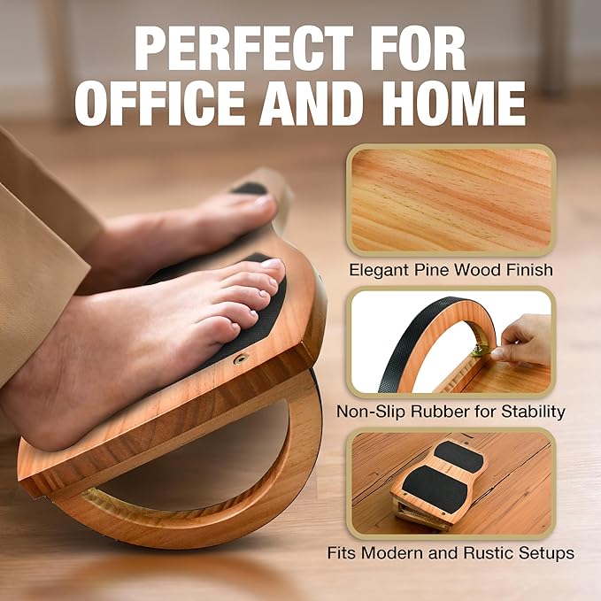 Under Desk Foot Rest - Ergonomic Balance Foot Rest for Under Desk at Work, Office, Home, Yoga - Heavy Duty Pine Wood Material, Non-Slip Rubber Mats - Promotes Better Posture - Easy Assembly