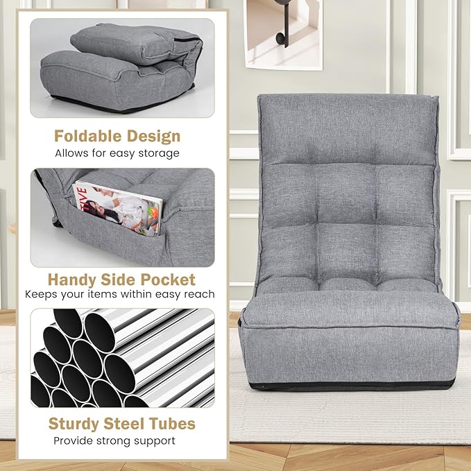 KOMFOTT Folding Floor Chair for Adults, Floor Gaming Chair with 5-Position Adjustable Headrest & 4-Position Adjustable Backrest, Side Pocket, Floor Seating Lazy Sofa for Reading, Meditating, Grey