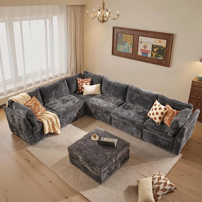 CAODOC Large 7 Seat Modular Sectional Sofa with Ottoman Seat Corduroy Sleeper Sectional Sofa Bed Oversized Convertible Modular Couch for Living Room