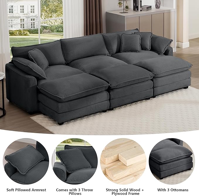 Aoowow Corduroy 3 Seater Sleeper Couch with Ottomans,Large Cloud Couches for Living Room,Tufted Modular Sectional Cloud Sofas Deep Seat,Oversized Chaise Lounge Sofa (Grey, 3 Seater + 3 Ottoman)