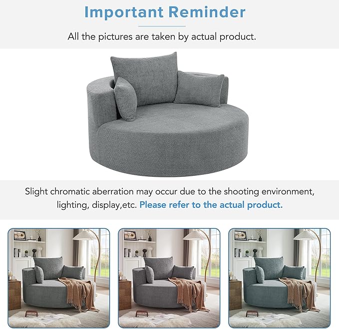 Merax 360° Swivel Chair, Chenille Fabric Accent Barrel Chair, Swivel Round Sofa Chair with 3 Removable Pillows for Living Room, Bedroom, Office and Hotel, Grey
