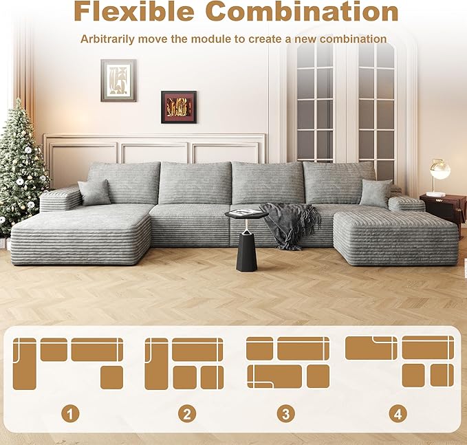AUGOP 136" Sectional Couches for Living Room Modern Modular Sofa with L-Shape Couchs Upholstered Boneless Couch Deep Seat Sectional Couch with Chaise (Grey, Left Facing Chaise+3Seaters+Ottoman)