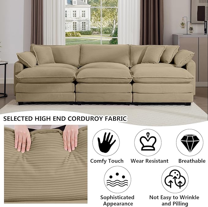 Aoowow Corduroy 3 Seater Sleeper Couch with Ottomans,Large Cloud Couches for Living Room,Tufted Modular Sectional Cloud Sofas Deep Seat,Oversized Chaise Lounge Sofa (Tan, 3 Seater + 3 Ottoman)