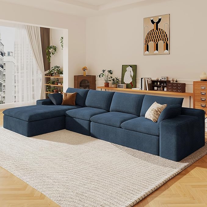 136" Cloud Sectional Couch with L-Shape Chaise, Modern Corduroy Viral Boneless Sofa for Living Room,Memory Foam Couches in a Box with Deep Seat,No Assembly Required (Blue,Left-Facing Chaise)