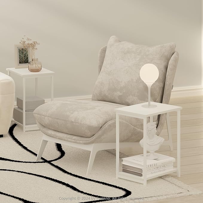 Furinno Simplistic Side Table Set of 2, 2-Tier Metal Frame Modern End Table with Open Shelf, Night Stand, Bedside Table, for Living Room, Bedroom, White