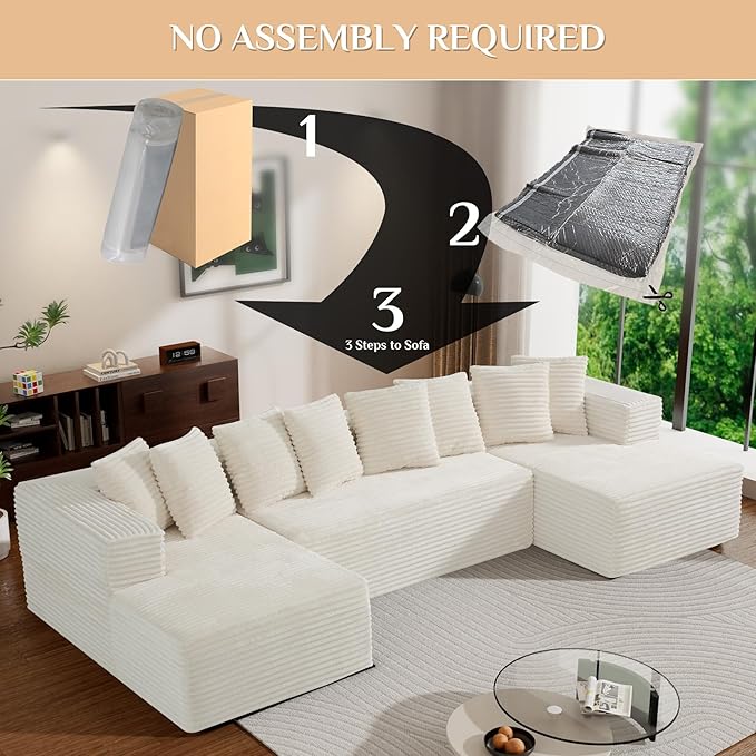 Modular Sectional Sofa, 130" U Shaped Cloud Couch Plush Corduroy Comfy Deep Seat Boneless Sofas with 8 Pillows Double Chaise Lounge Sectional Couches with Memory Foam for Living Room - Beige White