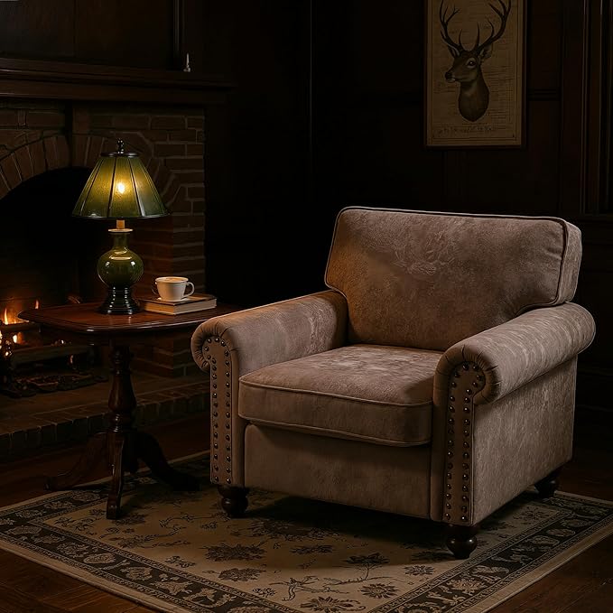 Nailhead Armchair, Rolled Arms Accent Chair for Living Room, Single Sofa Chair with Springs Seat Cushion & Wooden Legs, Mid-Century Armchair for Apartment, Office, Farmhouse, Light Brown