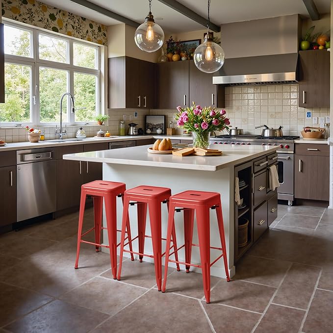 Furmax 30 Inch Metal Bar Stools Set of 4, Counter Height Backless Stools, Industrial Bar Chairs Patio Stool Stackable Backless Stool for Kitchen/Dining Room/Bistro/Patio Indoor Outdoor (Red)