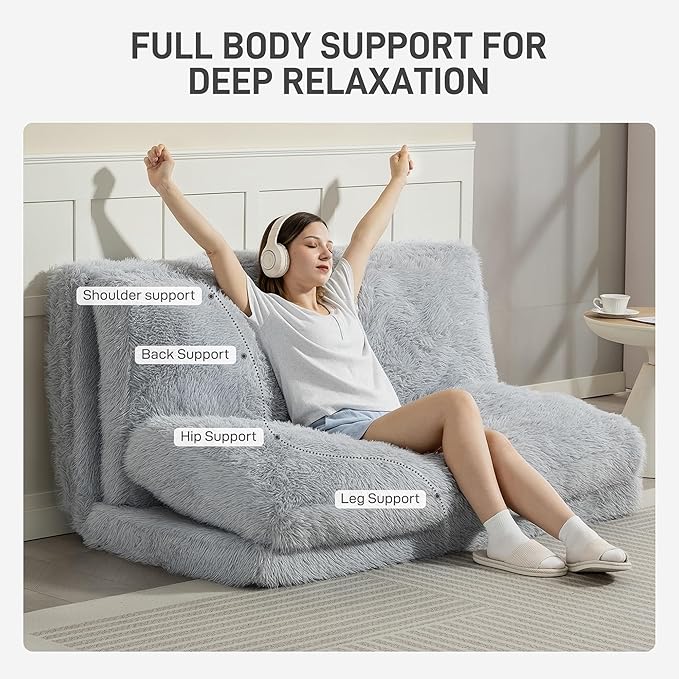 HOMCOM Bean Bag Chair Floor Sofa Bed for Adults, Thick Long Folding Sofa Bed 54 x102 in, Wall Couch Sleeper Chair Floor Mattress for Living Room, Light Gray