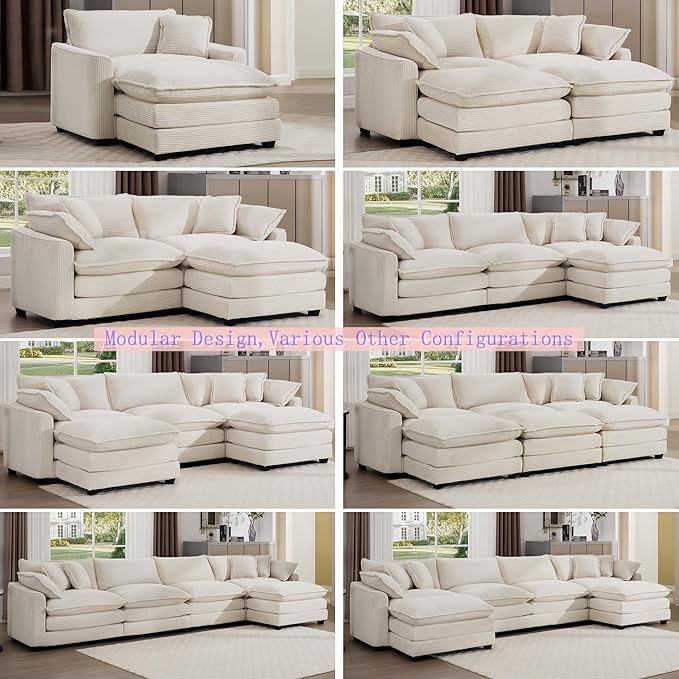Aoowow Corduroy 4 Seater Couch with Ottomans,Modern Large Cloud Couches for Living Room,U Shaped Modular Sectional Cloud Sofas Deep Seat,U Shape Oversized Tufted Sofa Set (Beige, 4 Seater + 2 Ottoman)