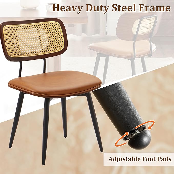Quenvo Swivel Dining Chairs with Rattan Back, Modern Brown Leather Dining Chairs Set of 6, Swivel Dining Room Chairs Kitchen Side Chairs with Metal Legs and Upholstered Seat for Kitchen & Restaurant