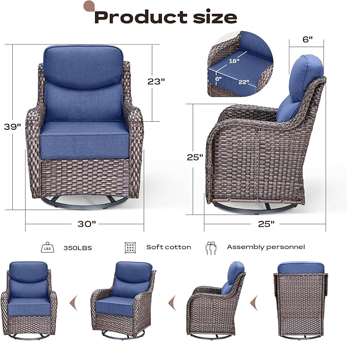 Rilyson Outdoor Swivel Rocker Chairs - All Weather Resistant Wicker Patio Furniture Set of 2 with High Back and 6 inch Thick Cushions for Deck Porch Yard and Poolside, Brown/Blue