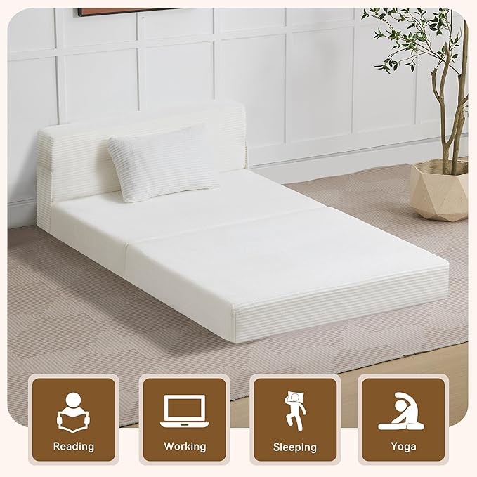 Folding Sofa Bed Convertible Floor Couch Foldable Chair Bed with Pillow，Linen Sleeper Chair Futon,Foldable Memory Foam Mattress for Bedroom/Living Room/Dorm/Office (Corduroy White, Standard)