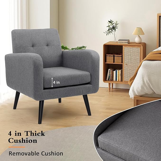 LSSPAID Modern Accent Chairs, Upholstered Fabric Cozy Armchairs, Living Room Side Chair with Solid Wood Legs, Gray