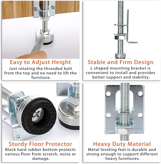 OwnMy 4 Packs Heavy Duty Adjustable Furniture Leveling Feets L Shaped Furniture Leveler Legs, Furniture Mounting Brackets Metal Furnitures Leveling Load Table Leg for Workbench Cabinet Wardrobe, 4.3"