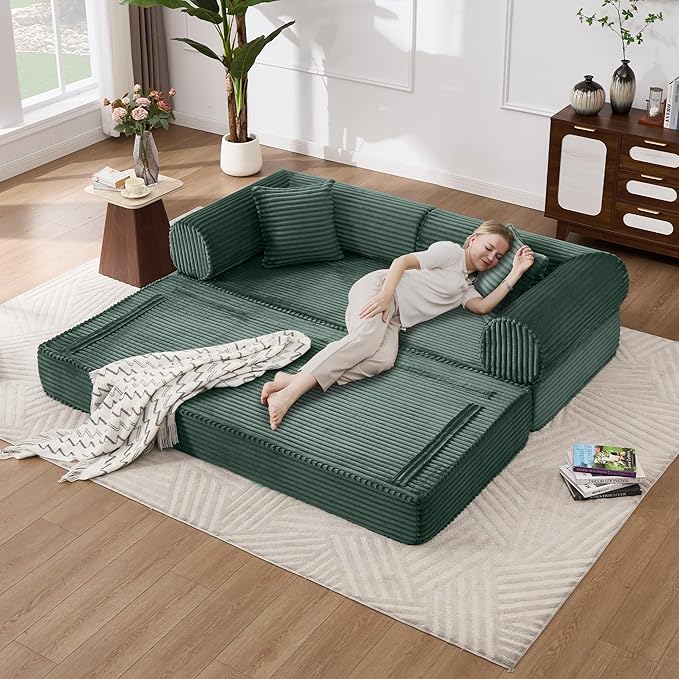 Tbfit 79'' Folding Boneless Couch, Oversized Corduroy Convertible Sofa Bed, Futon Mattress Sleeper Sofa, Comfy Foldable Upholstered Floor Couches for Living Room, Dark Green