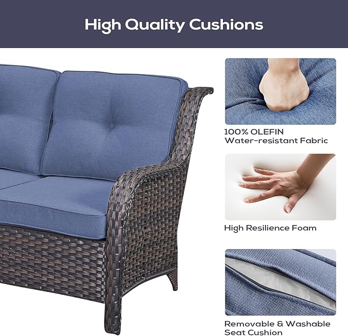Belord Outdoor Sectional Furniture Sofa Set with Propane Fire Pit Table, Wicker Patio Conversation Set with 2 Swivel Rocker Glider Chairs Blue Cushion Perfect for Backyard Casual Gathering