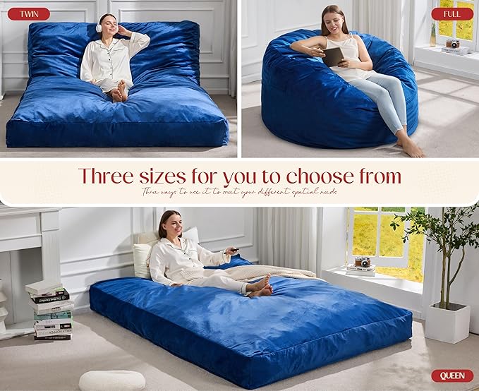 Hobestluk Giant Bean Bag Chair Bed for Adults, Large Bean Bags with High-Density Foam Filling, Convertible Big Sofa Bed Couch for Living Room, Bedroom, Playroom (Blue, Twin)