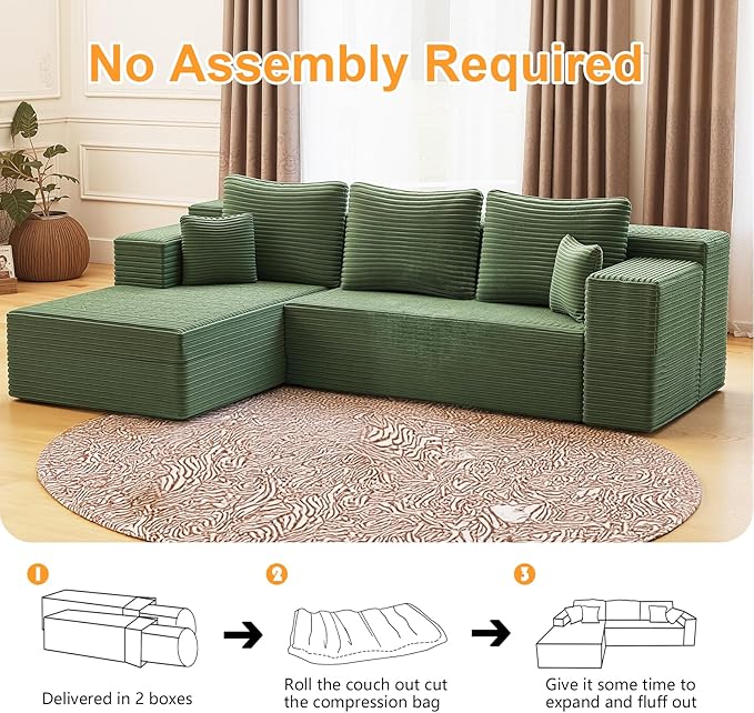 106'' Boneless Couches for Living Room, L Shaped Modular Sectional Sofa with Chaise Lounge, Faux Rabbit Fur Layered Cushion Deep Seat Cloud Couch, No Assembly (Green, 106 L Shaped Left Facing Chaise)
