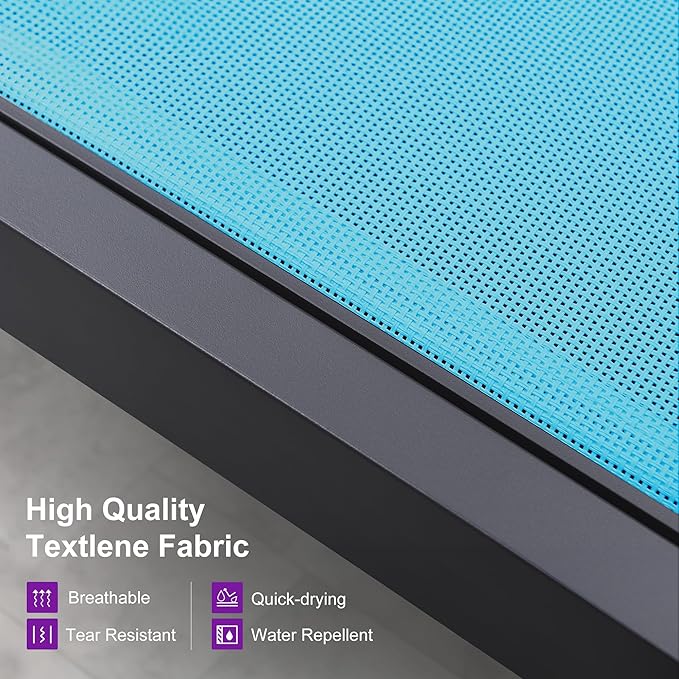 PURPLE LEAF Outdoor Oversized Lounge Chair Set Patio Chaise Pool Lounger Aluminum Frame with 2 Side Table and Wheels for Outside Sunbathing Tanning Recliner Including Pillows Turquoise Blue