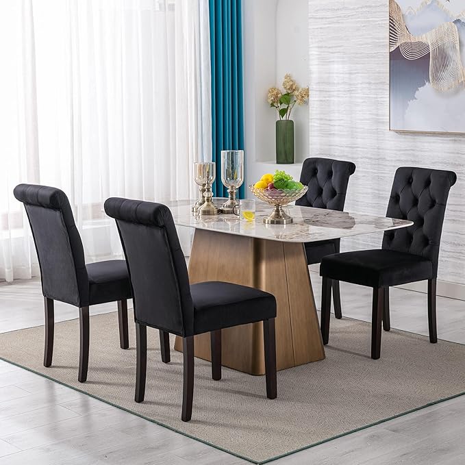 chairus Dining Chairs Set of 4 Mid Century Modern Living Room Chairs with Button Tufted High Back Velvet Armless Chair Comfy Upholstered Side Chairs for Kitchen/Restaurant/Bedroom, Black