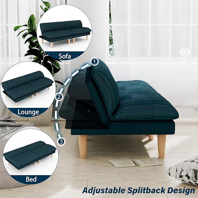 69" Futon Sofa Bed, 4 in 1 Multi-Function Couch Sleeper with Adjustable Backrest, Modern Convertible Futon, Recliner Small Loveseat for Living Room, Dorm, Plush Blue