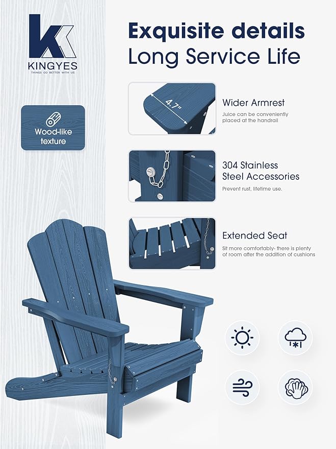 KINGYES Folding Adirondack Chair Set of 6, HDPE All-Weather Adirondack Chair, Navy
