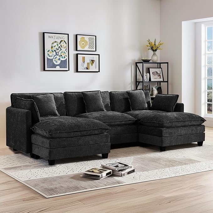 UMBFUN 3-Seater Cloud Couch with 2 Ottomans, Oversized Modular Sectional U Shaped Sofa with Deep Seat Cushions, Comfy Chenille Couch for Living Room, Dark Grey