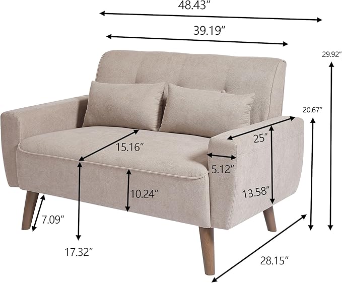 48" Loveseat Sofa, Mid Century Modern Small Couches for Living Room Bedroom Apartment, 2 Seater Love Seat, 2 Throw Pillows and Plastic Legs, Beige