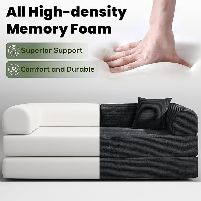 79" Convertible Sofa Bed, Boneless Corduroy Sleeper Foldable Modular Couch, Memory Foam Compressed Sofa in A Box, Folding Mattress Floor Couch for Small Space Living Room Apartment Bedroom, Black