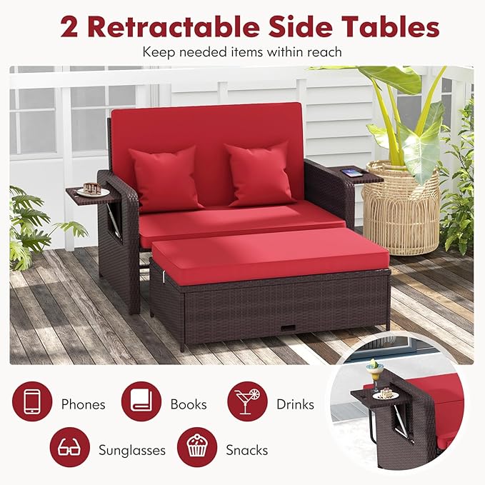 RELAX4LIFE Wicker Patio Outdoor Daybed - Rattan Day Bed Lounger with Loveseat & Storage Ottoman, Sunbed Sofa Set w/Cushions, 4-Level Adjustable Backrest & 2 Retractable Trays, Patio Daybed (Red)